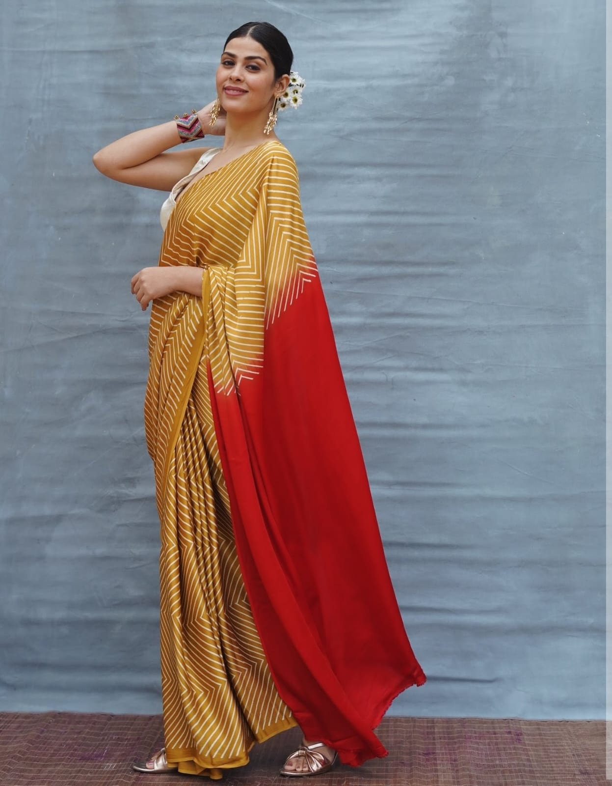 Gajji Modal silk- Printed with Multi-strip - yellow
