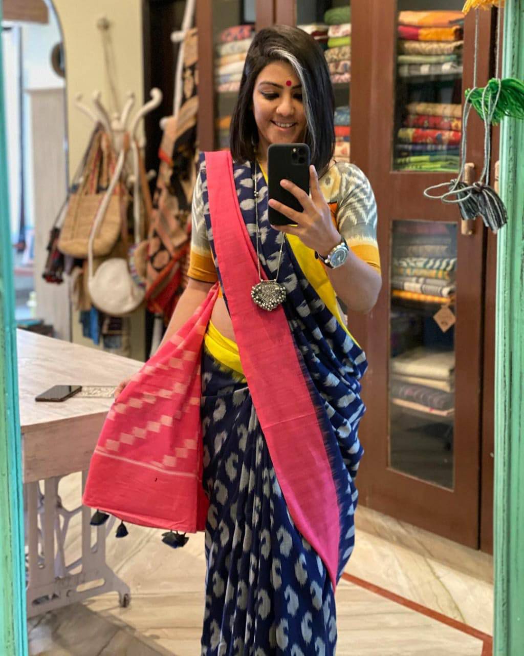 Premium Cotton Linen Saree cotton premium quality-Bluw with pink yellow boarder