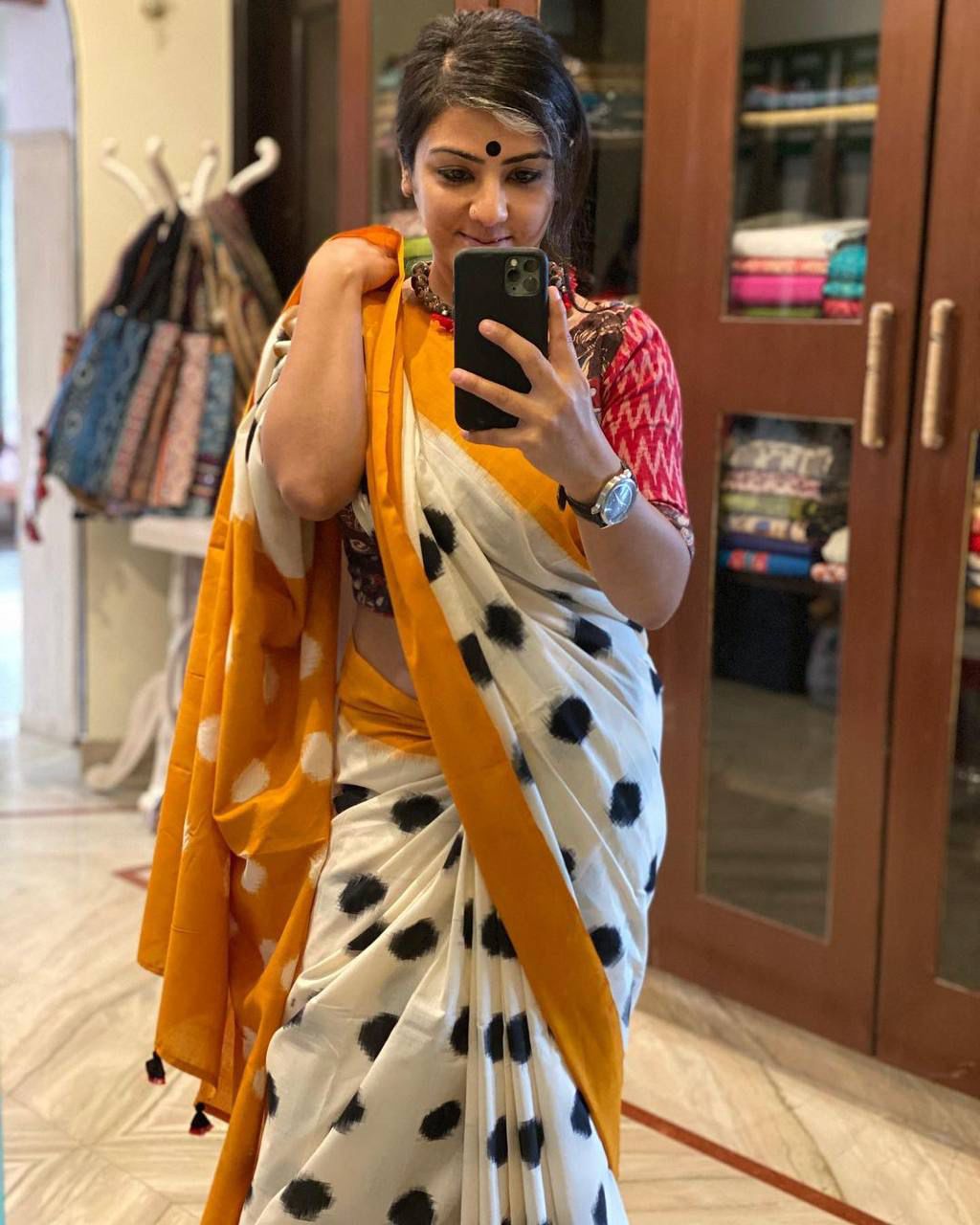 Premium Cotton Linen Saree cotton premium quality-black dots with yellow boarder