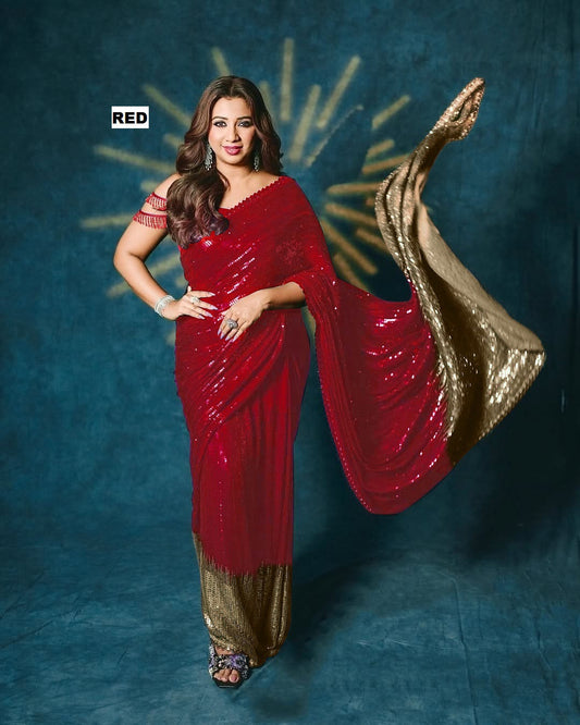 Red Sequins Party Wear Saree with Gold Pallu