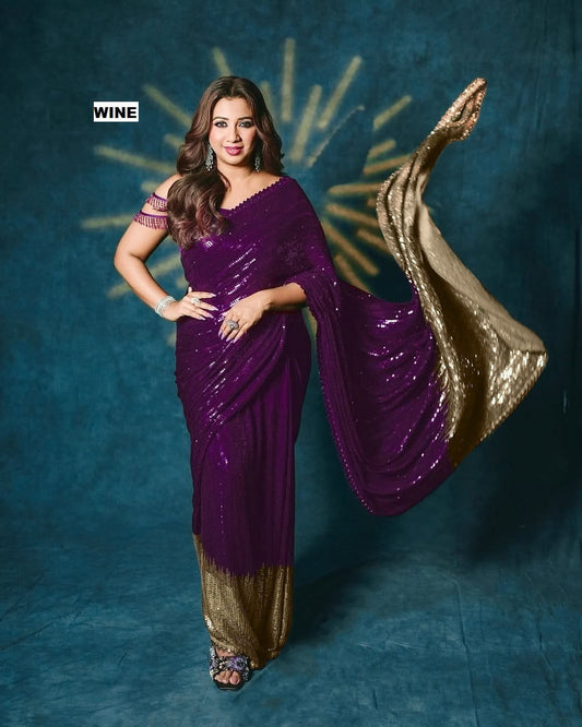 Purple Sequins Party Wear Saree with Gold Pallu