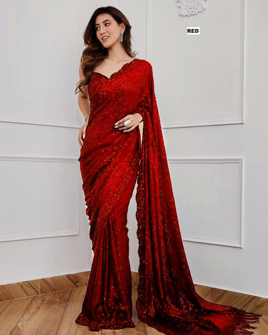 Red Sequins Party Wear Saree