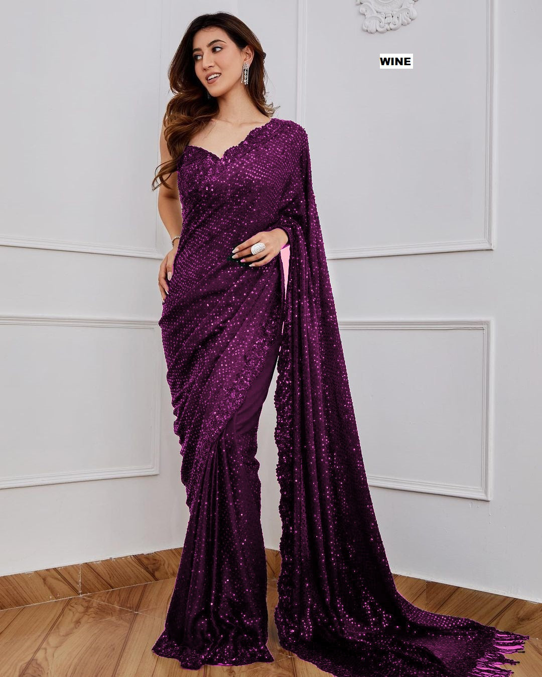 Wine Sequins Party Wear Saree