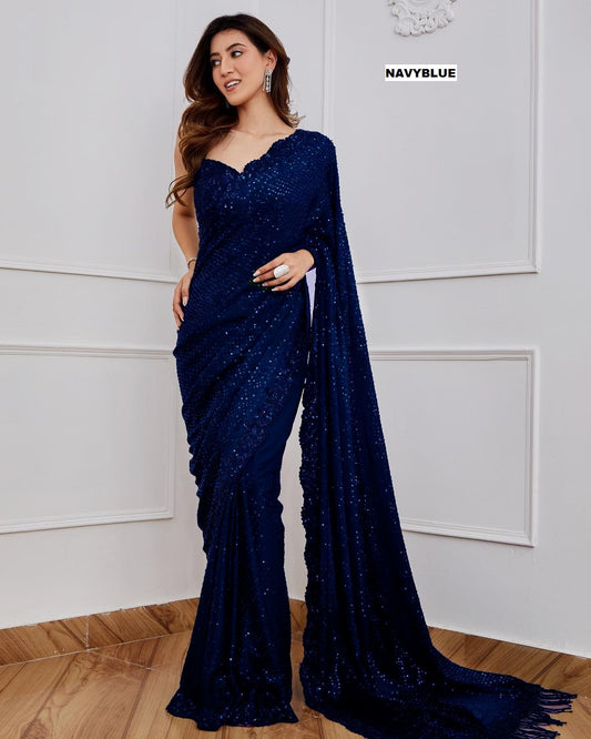 Navy blue Sequins Party Wear Saree