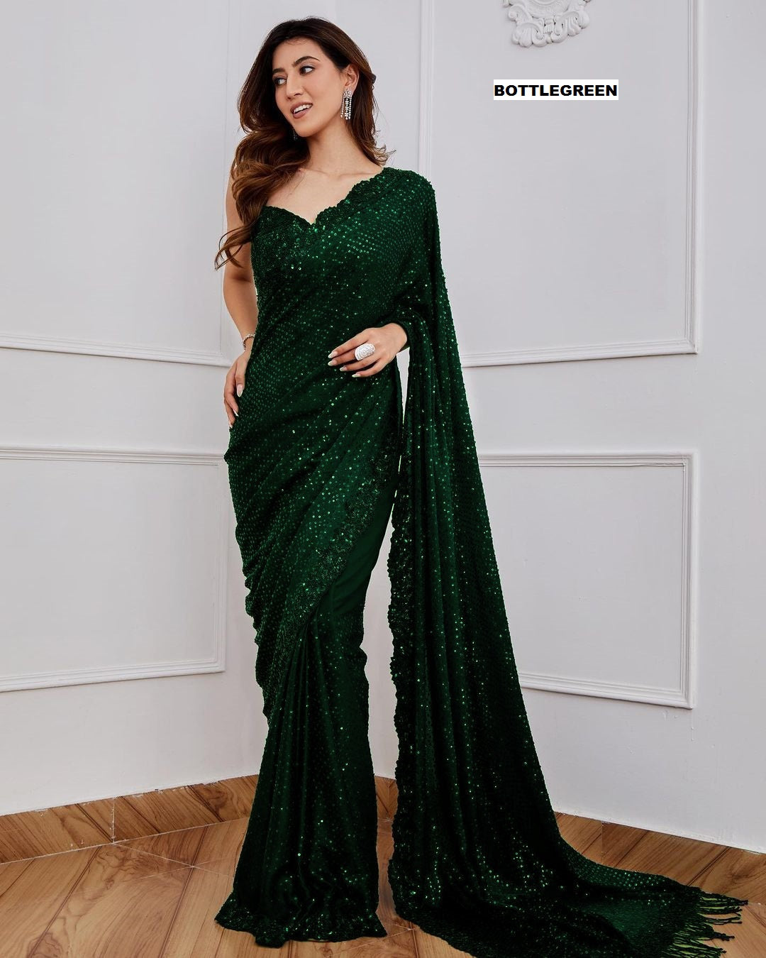 Bottle green Sequins Party Wear Saree