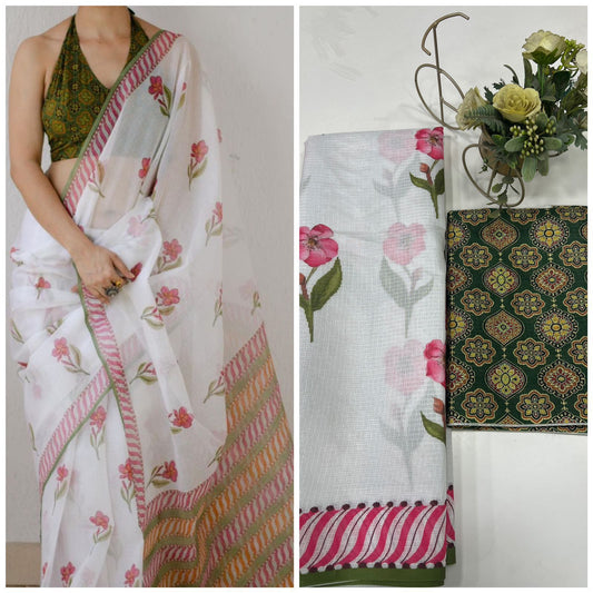 Premium Cotton Linen Saree cotton premium quality-white with flower with green boarder