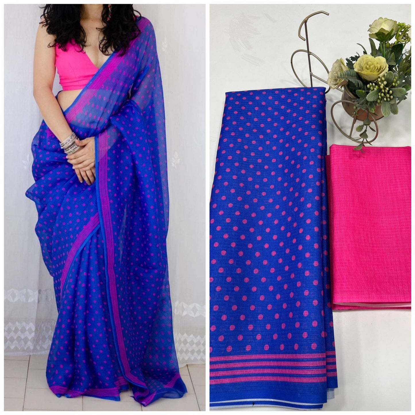 Premium Cotton Linen Saree cotton premium quality-blue with dots with pink boarder