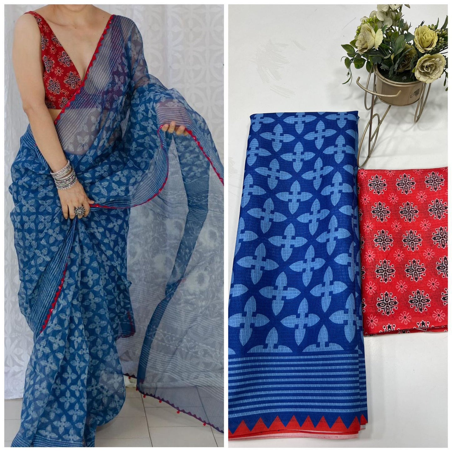 Premium Cotton Linen Saree cotton premium quality-blue with red digital design