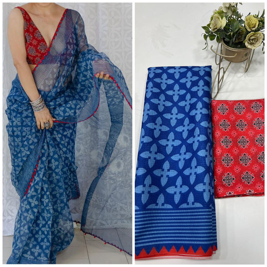 Premium Cotton Linen Saree cotton premium quality-blue with red digital design
