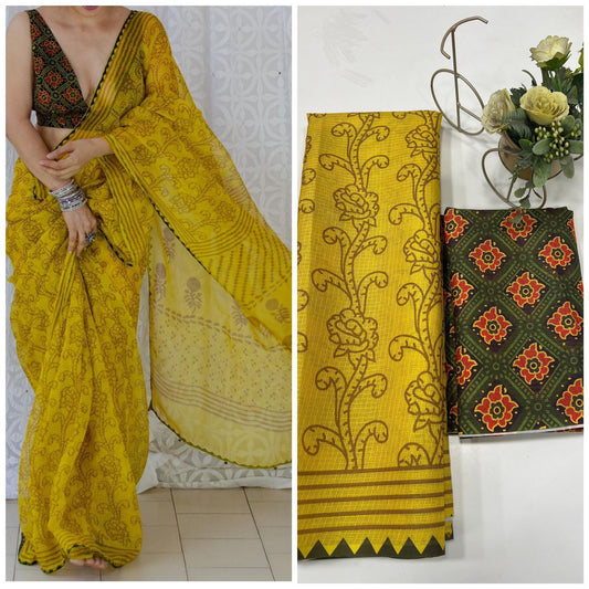 Premium Cotton Linen Saree cotton premium quality-yellow with green boader