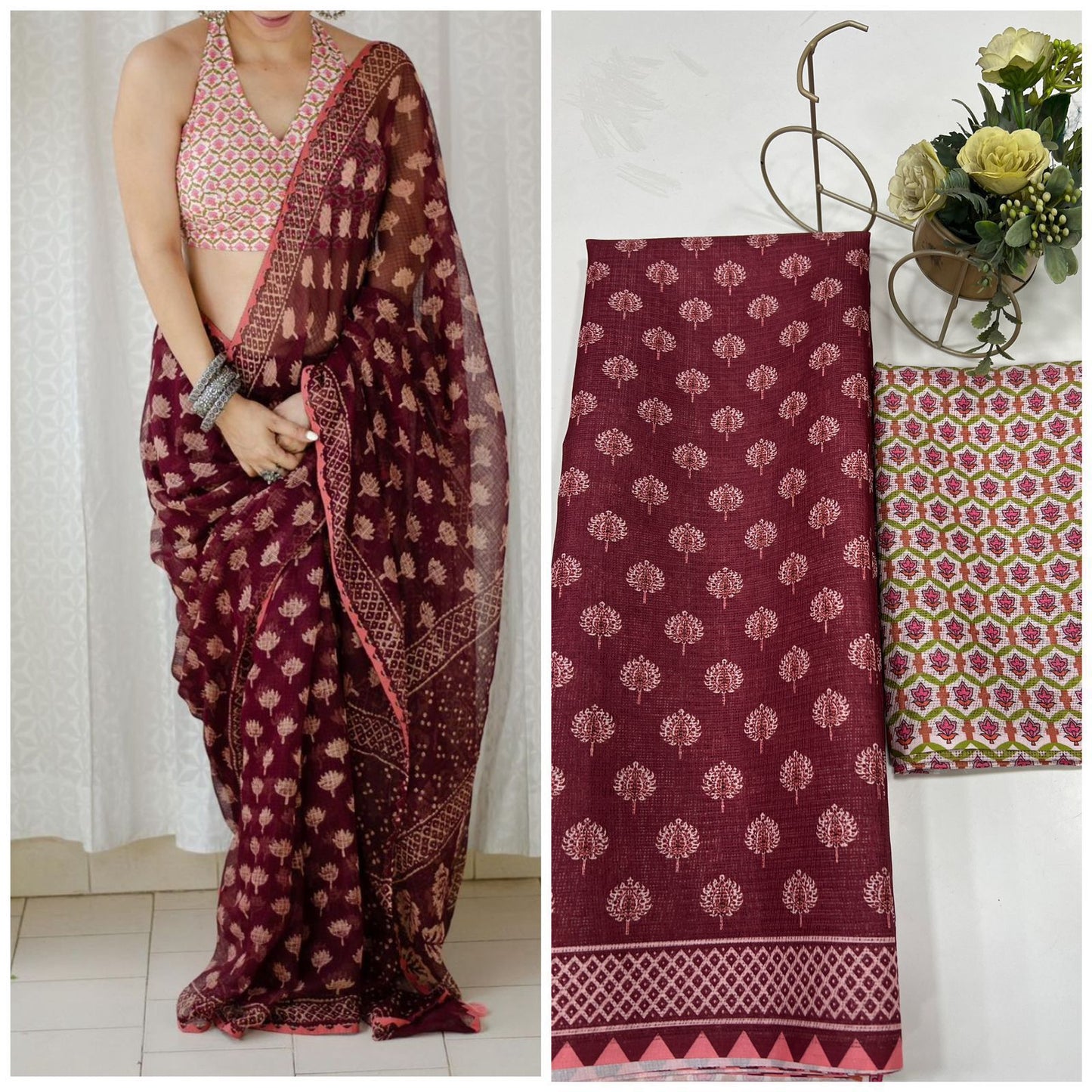 Premium Cotton Linen Saree cotton premium quality-marron flower digital print