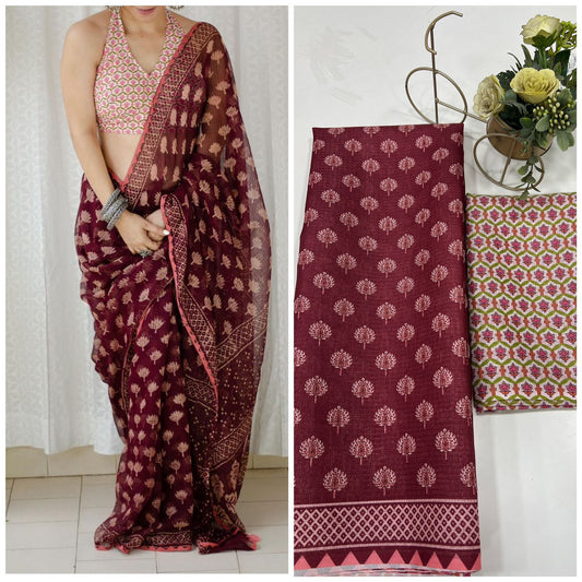 Premium Cotton Linen Saree cotton premium quality-marron flower digital print