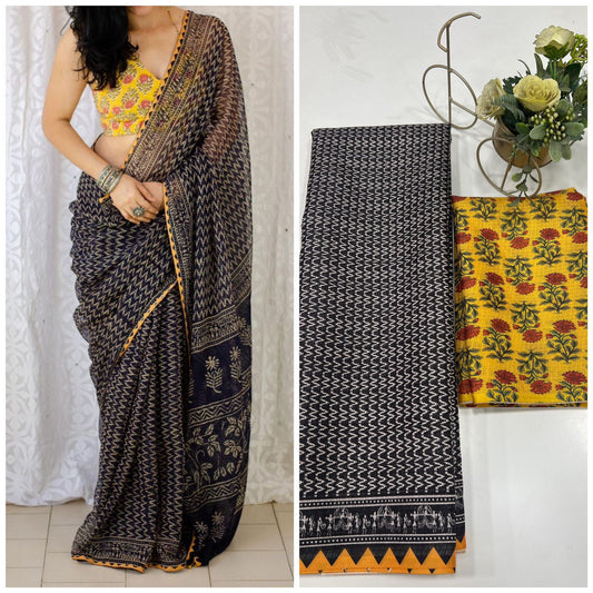 Premium Cotton Linen Saree cotton premium quality-black and yellow