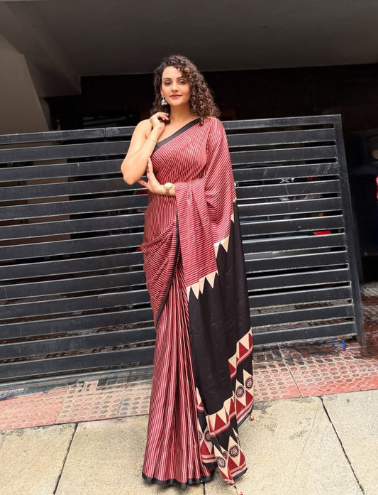 Gajji Modal silk- Printed with Multi-strip -red