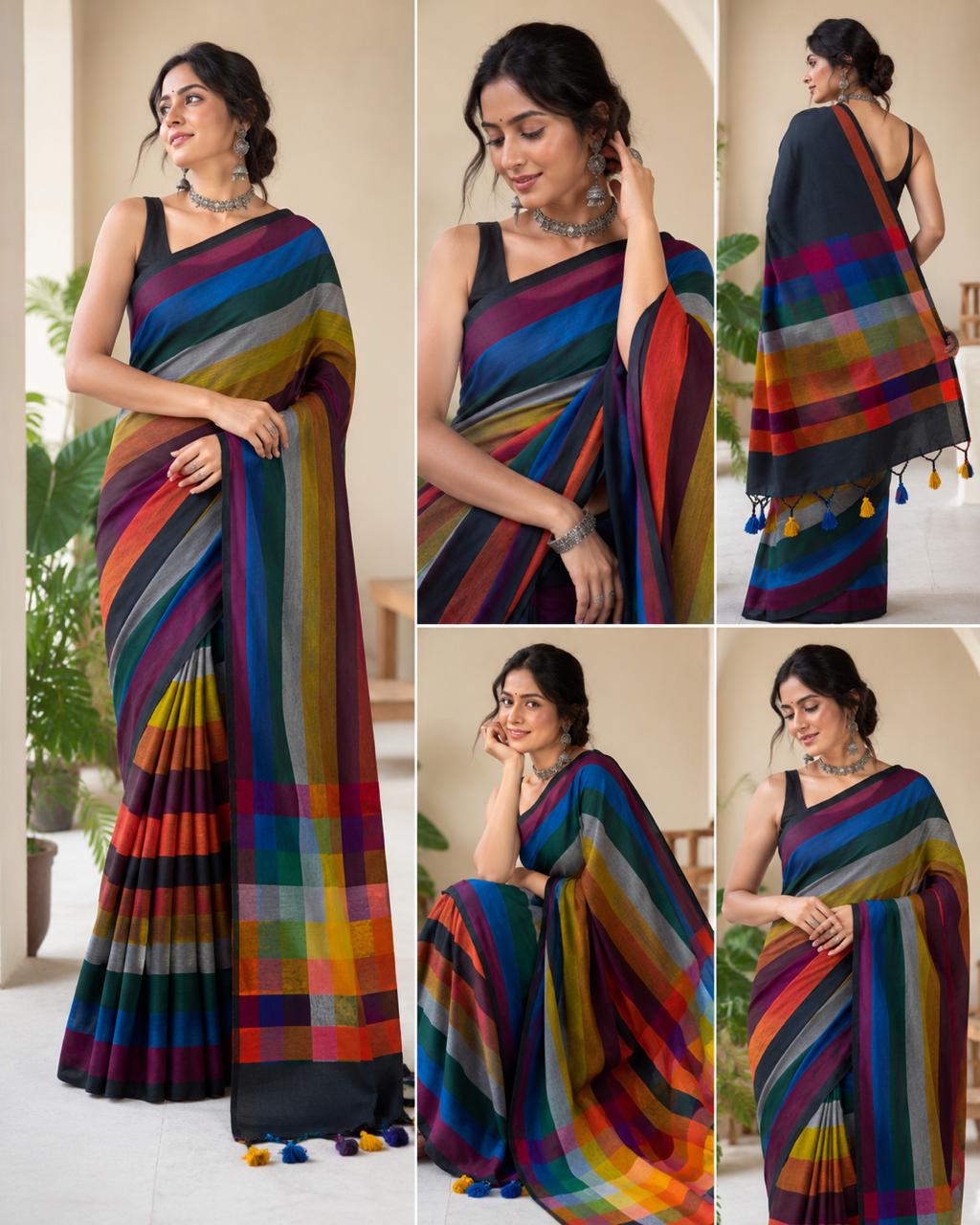 Mul Cotton soft saree - rainbow colour navy shade with checks in pallu