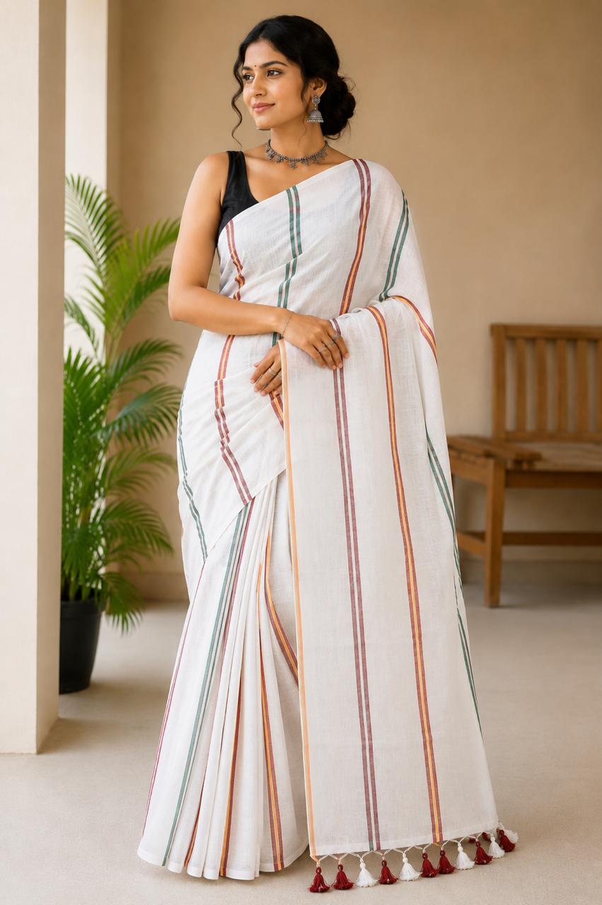 Mul Cotton soft saree - plain strip lines