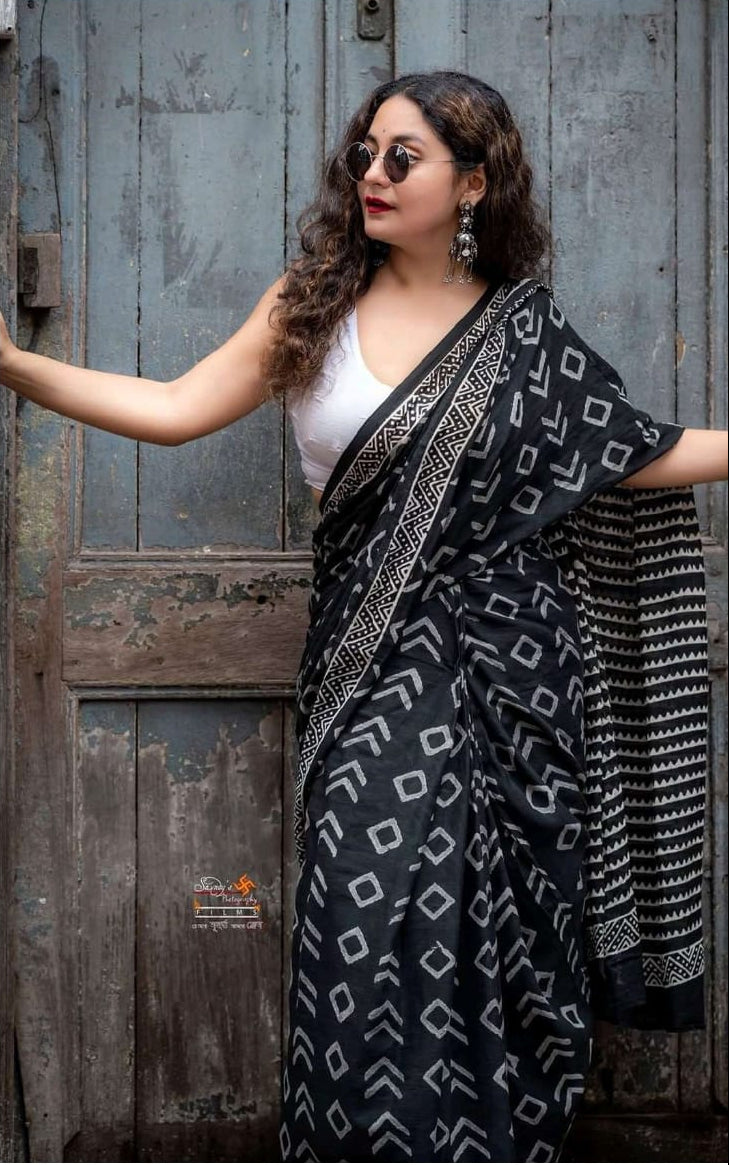 linen yellow saree with black digital design