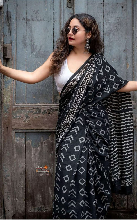 linen yellow saree with black digital design