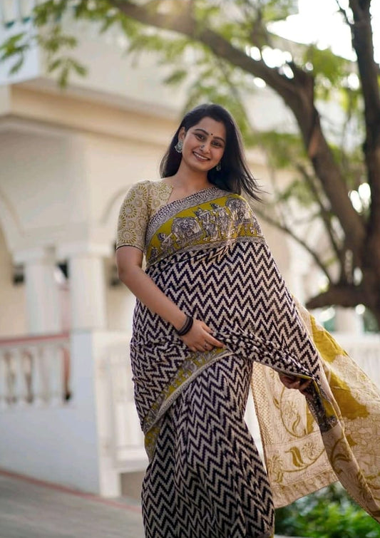 linen yellow saree with yellow zizag design digital design