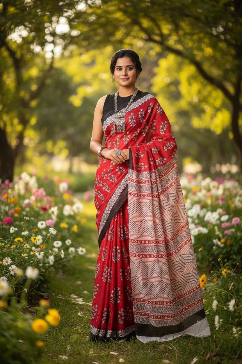 linen saree with red saree with black buttas