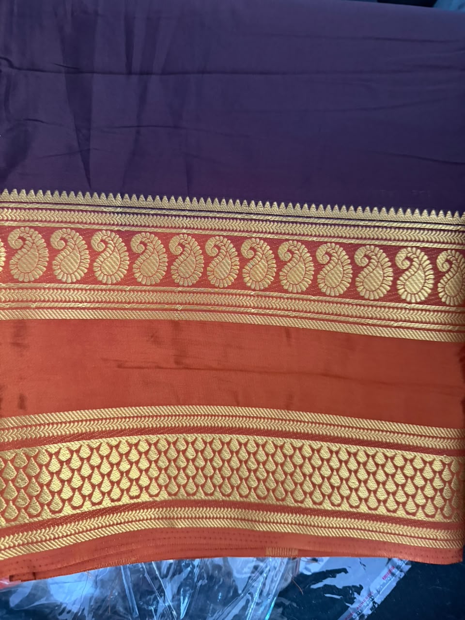 Mysore Crepe silk Saree with Bentex Border -dark brown mango double boarder.