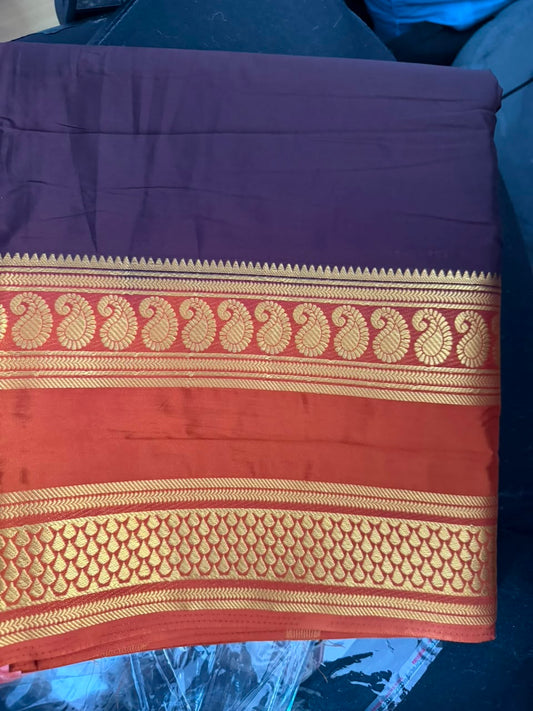 Mysore Crepe silk Saree with Bentex Border -dark brown mango double boarder.