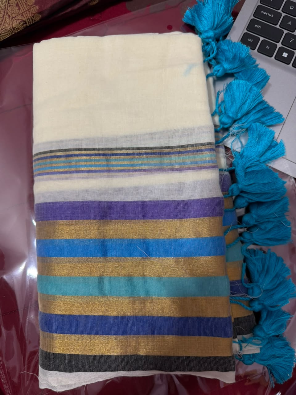Onam special saree Mulcotton ~6 - multicolour