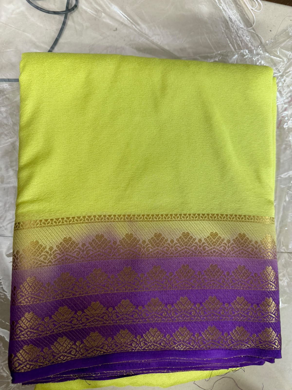 Semi-Crepe Silk Saree  lemon colour with purple boarder