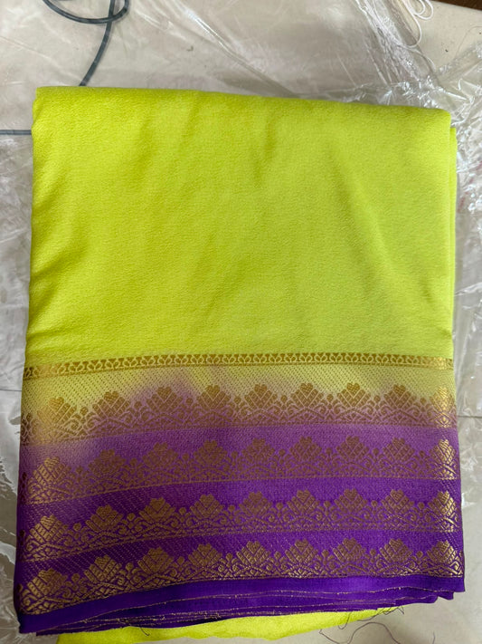 Semi-Crepe Silk Saree  lemon colour with purple boarder