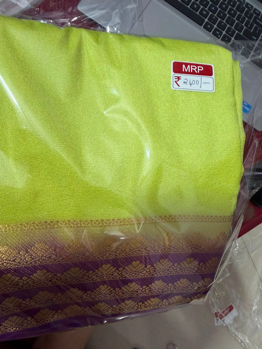 Semi-Crepe Silk Saree  lemon colour with purple boarder