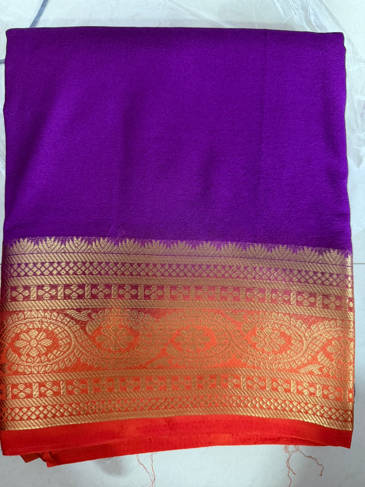 Semi-Crepe Silk Saree  purple flower boader