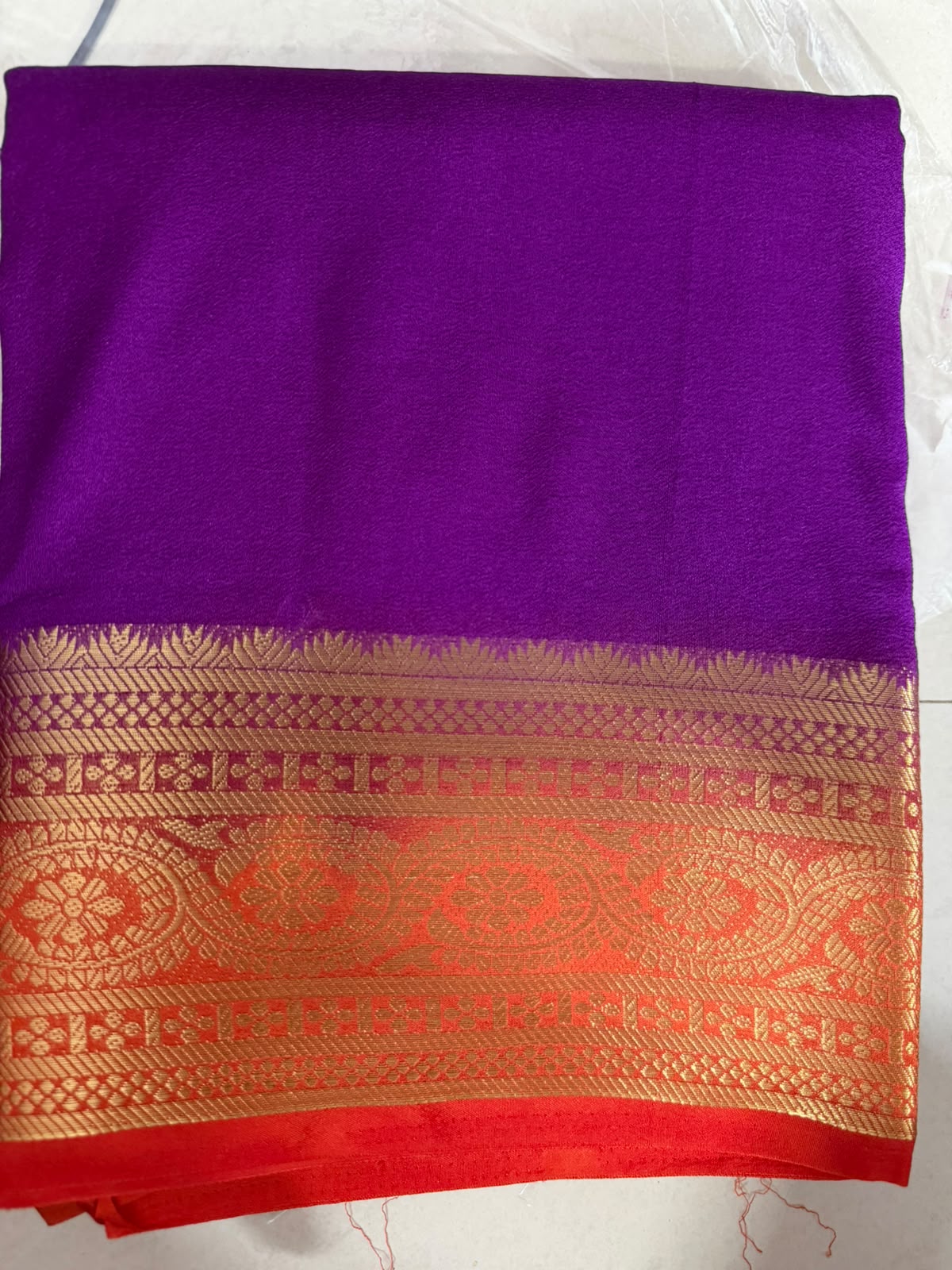Semi-Crepe Silk Saree  purple flower boader