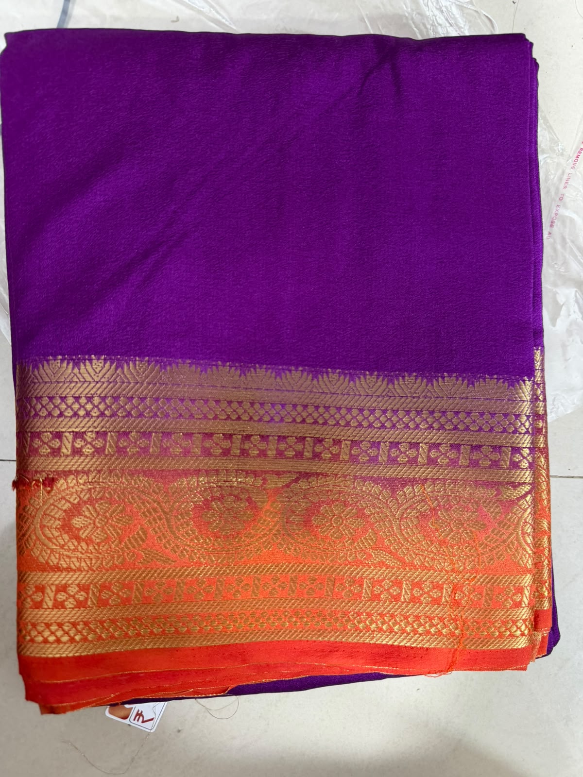 Semi-Crepe Silk Saree  purple flower boader