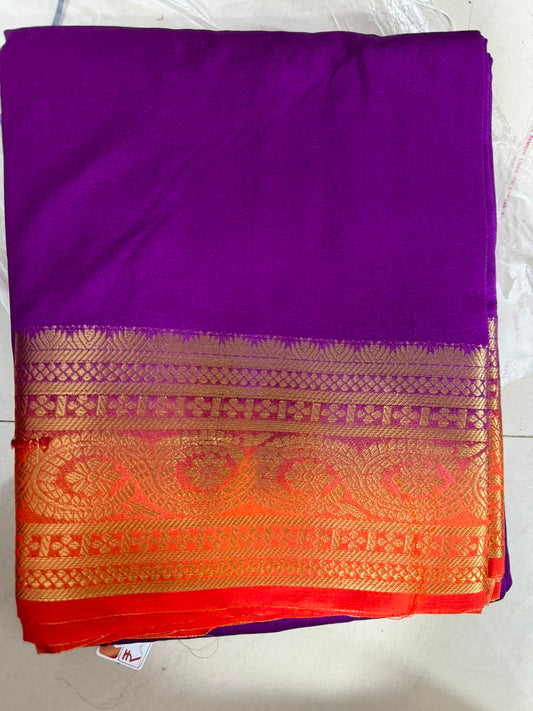 Semi-Crepe Silk Saree  purple flower boader