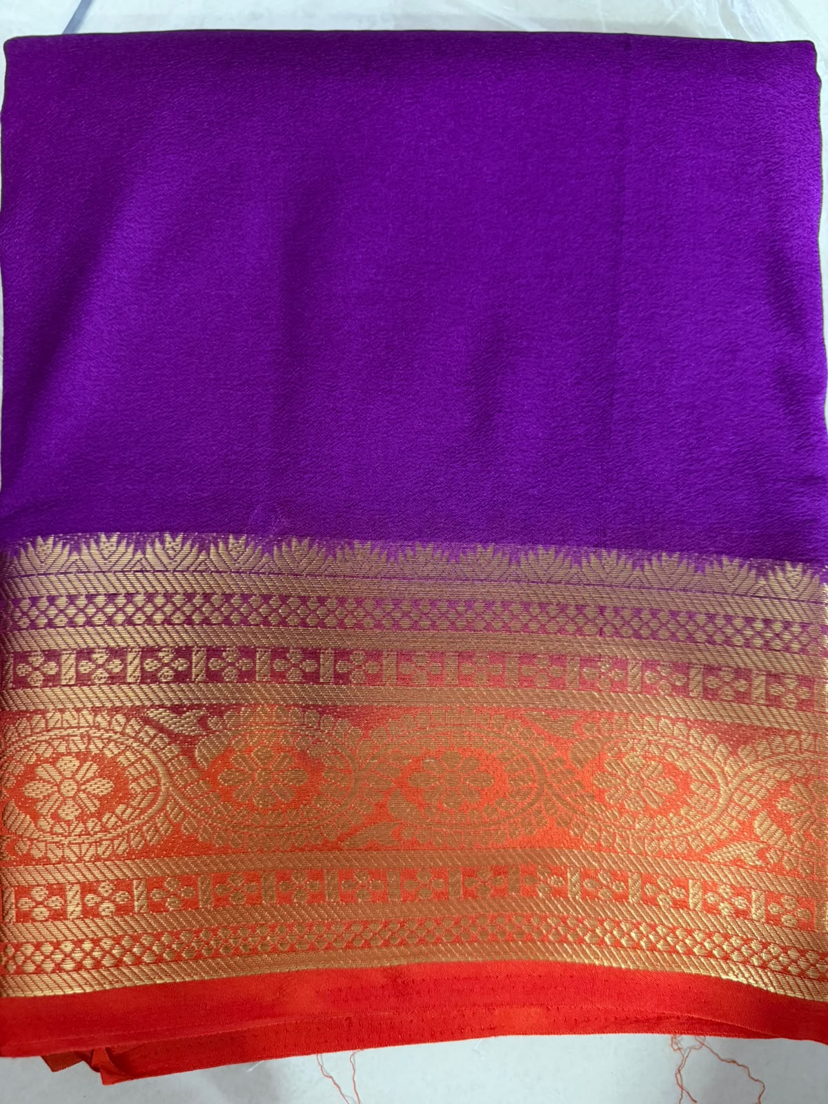 Semi-Crepe Silk Saree  purple flower boader