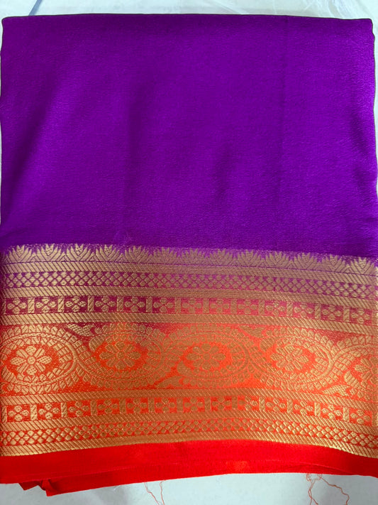 Semi-Crepe Silk Saree  purple flower boader