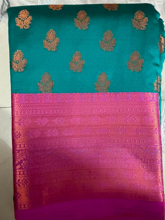 Viscose soft Silk Saree -blower buttas - green and pink boarder