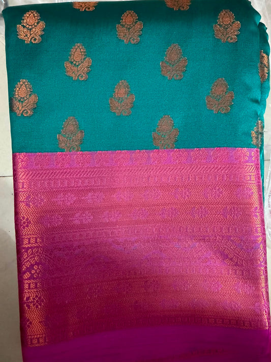Viscose soft Silk Saree -blower buttas - green and pink boarder