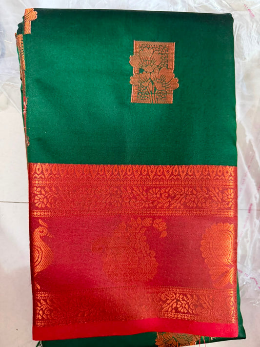 Viscose soft Silk Saree -7 -green with red boarder