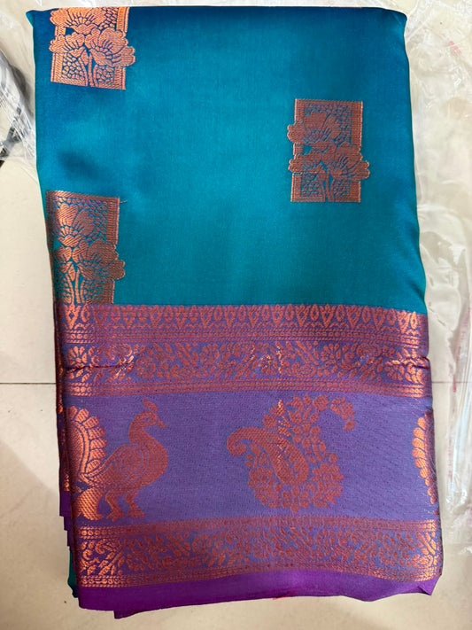 Viscose soft Silk Saree -7 -blue with purple boader