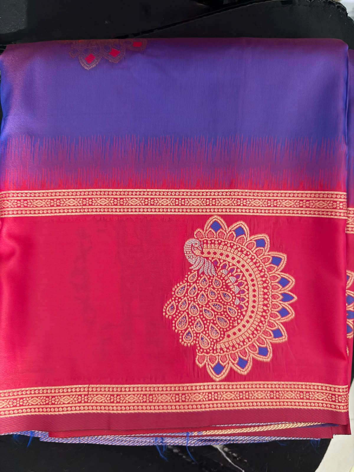 Viscose soft Silk Saree for Women- very rich boarder purple saree with blue boarder -red
