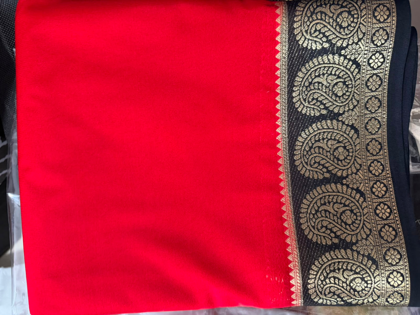 Mysore crepe silk saree- mango black boader- red colour