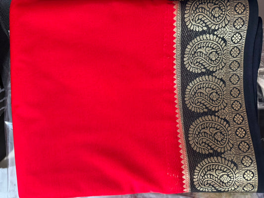 Mysore crepe silk saree- mango black boader- red colour