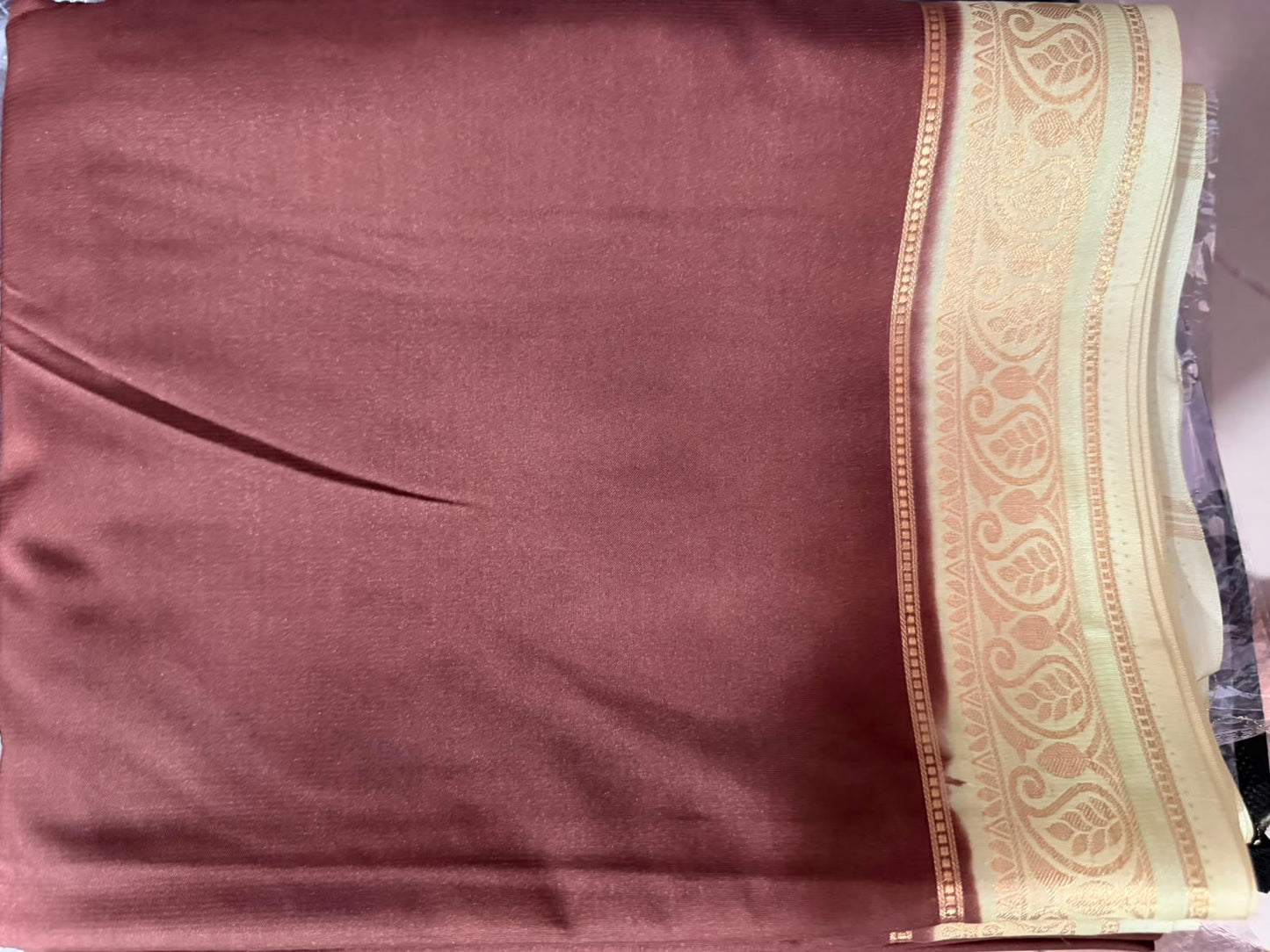 Mysore crepe silk saree- brown saree with light green boarder