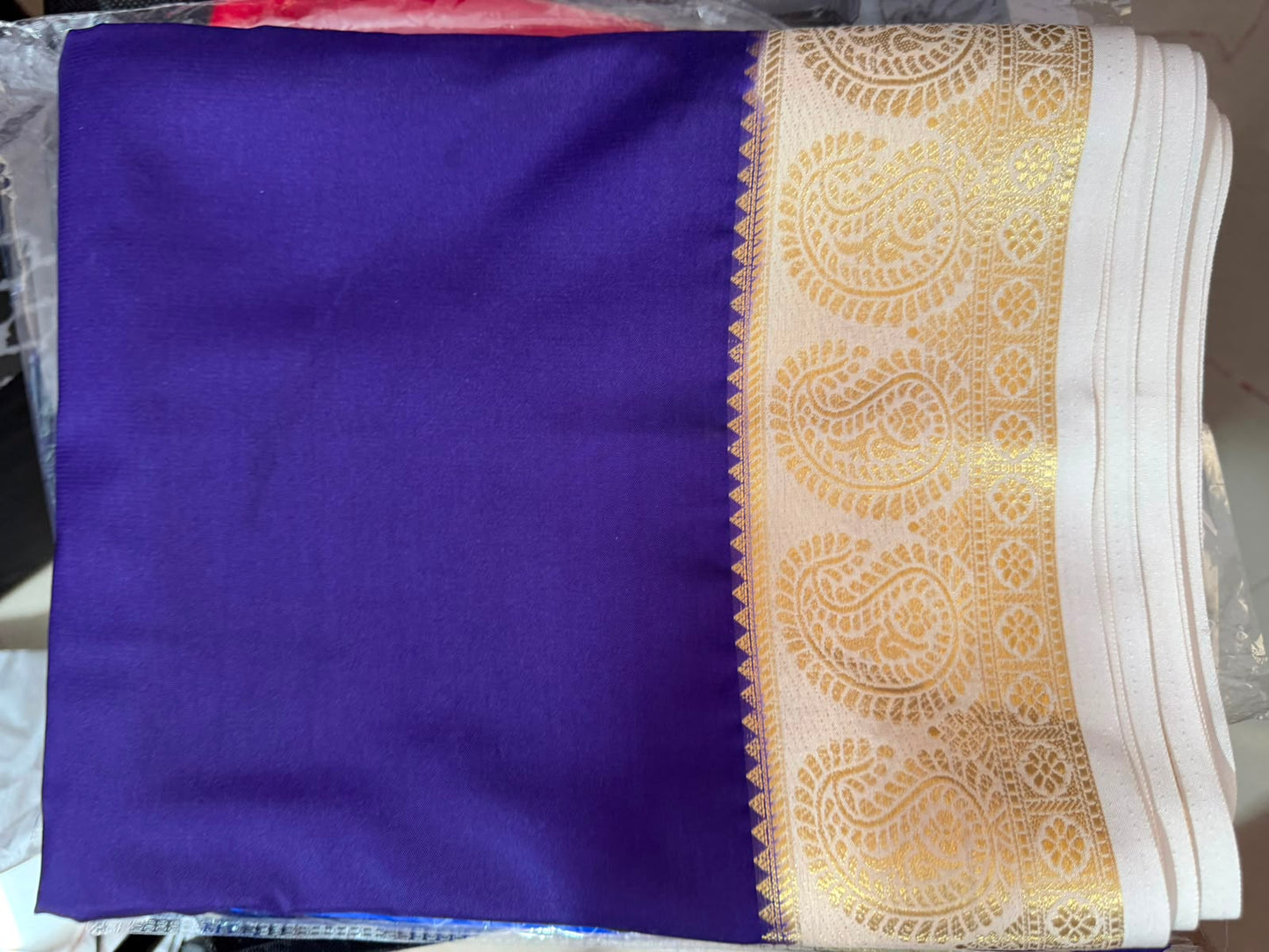 Mysore crepe silk saree-Onion dark colour with white mango boarder