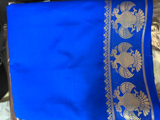 Mysore crepe silk saree-blue Gandaberunda Pattern