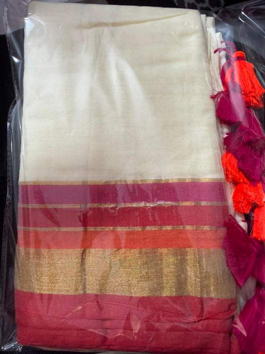 Onam special saree Mulcotton ~orange n red gold boader