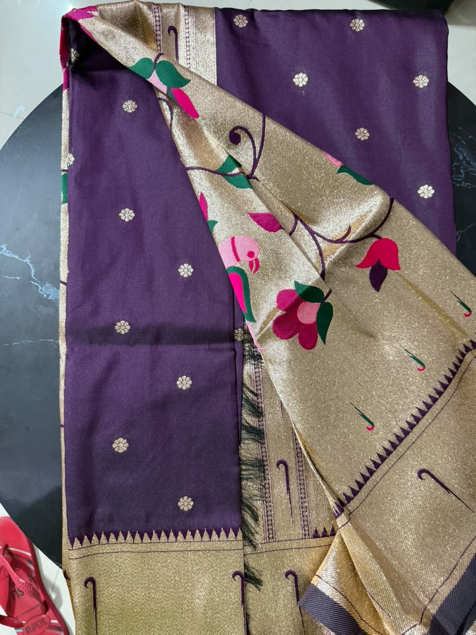 Designer Brocade All-Over Semi Silk Paithani Saree -flower buttas -Wine
