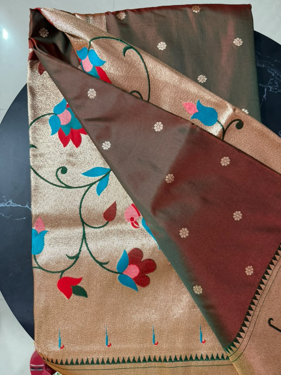 Designer Brocade All-Over Semi Silk Paithani Saree -flower buttas -Brown