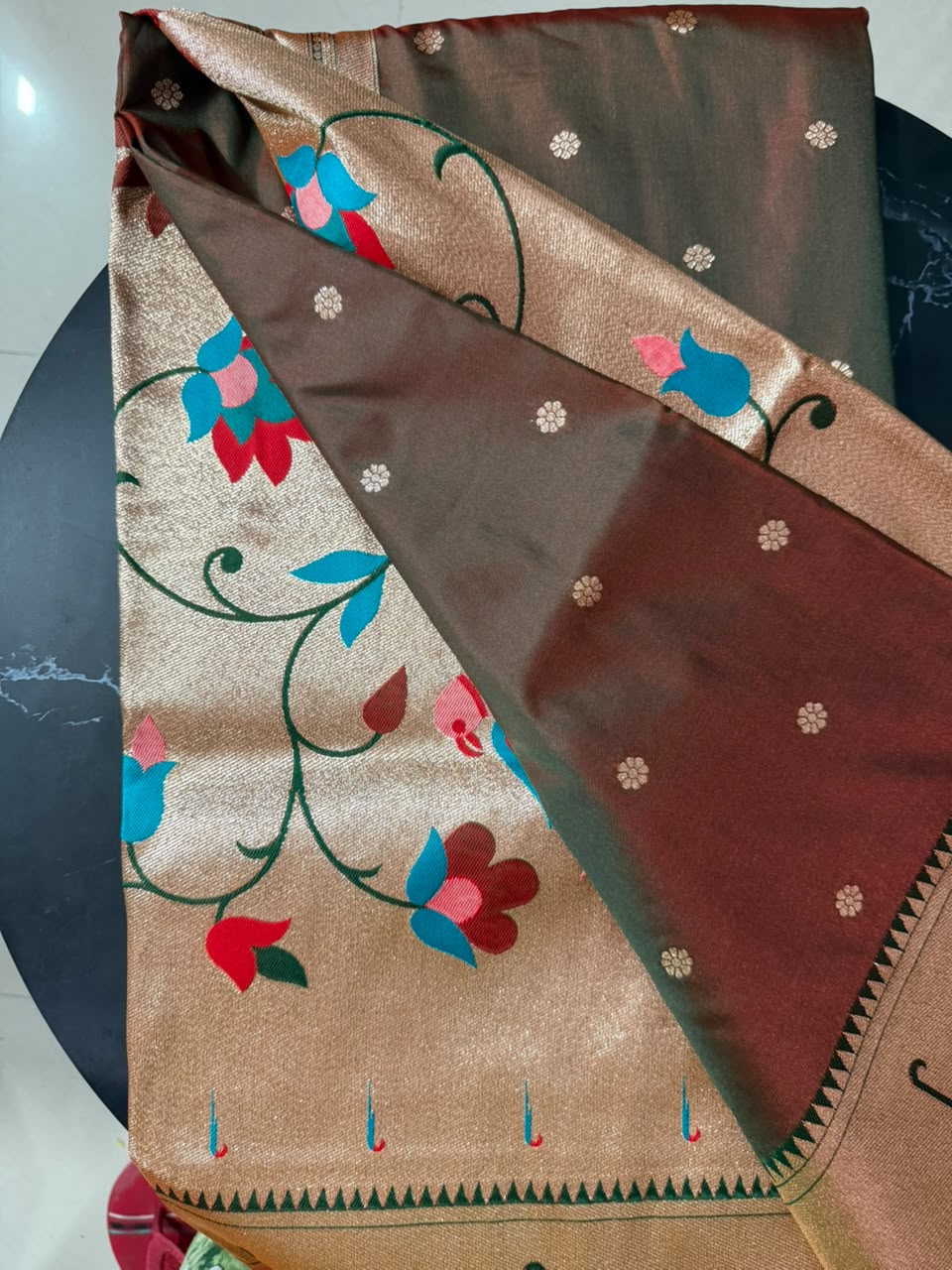 Designer Brocade All-Over Semi Silk Paithani Saree -flower buttas -Brown